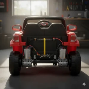 Illustration of the dual motor and 12V rechargeable battery system for a 2 seater ride on.