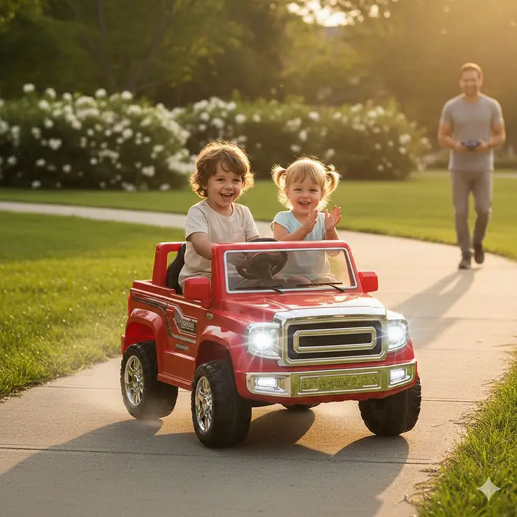 Two young children driving a red 12 volt ride on truck with two seats on a suburban sidewalk. 12 volt ride on toys 2 seater