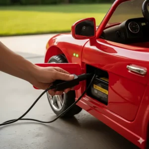 A 12V battery and charging port location on a motorized ride-on toy with parent remote.