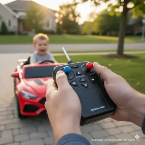 Close-up of a 2.4G parental remote control used to steer 12v ride on toys for safety.