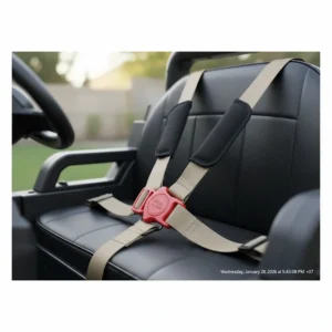 Close-up view of an adjustable safety seat belt installed in a 12v ride on vehicle.