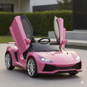 Sleek pink 12v ride on sports car with working LED headlights and butterfly doors.