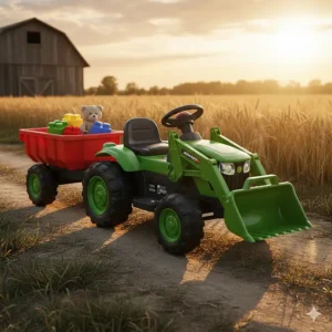 Electric 12v ride on tractor for kids featuring a detachable hauling trailer and chunky wheels.