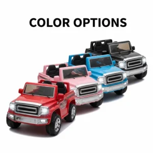 Multiple color versions of a 12 volt ride on toy 2 seater including pink, blue, and black.
