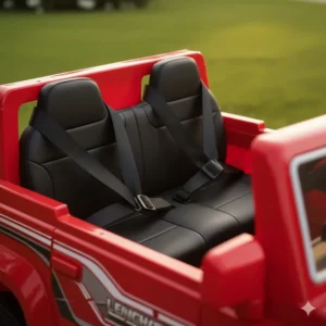 Close up of adjustable safety seat belts in a 12 volt ride on toy 2 seater.