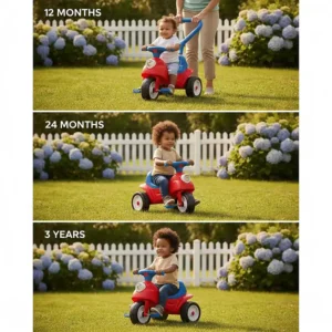 Illustration of a 3-in-1 convertible ride-on toy that grows with toddlers from 12 months to 3 years.