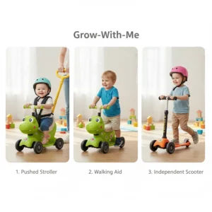 A 3-in-1 ride-on toy showing the transition from a pushed stroller to an independent toddler scooter.