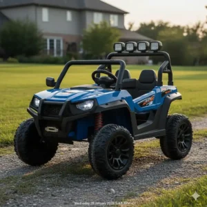 Two-seater 12v ride on UTV with rugged off-road tires and roll cage design.