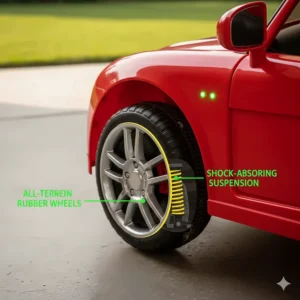 Illustrated cross-section of shock-absorbing wheels suitable for grass and pavement on toddler ride-on toys.