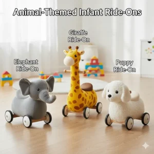 A collection of popular animal-themed infant ride-on toys like elephants, giraffes, and puppies.