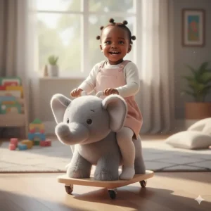 A soft, plush animal-themed ride-on toy for toddlers featuring a friendly elephant design.