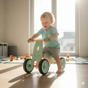 A toddler practicing motor skills on a four-wheeled baby balance bike designed for 12-month-olds.