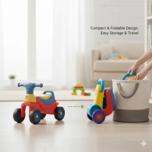Illustration showing a foldable infant ride-on toy for easy storage and travel.