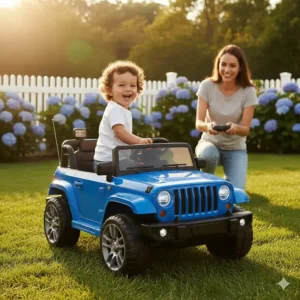 A mini electric-powered ride-on jeep suitable for toddlers with a remote control for parents.