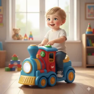 Small battery-powered electric train toy for 1 year old boys with easy-push buttons.