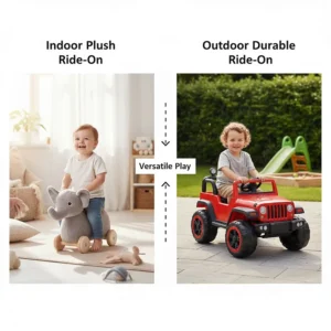Comparison of indoor plush ride-on toys versus durable plastic outdoor infant ride-on models.