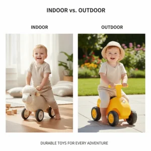 Comparison illustration of indoor wooden push toys versus durable plastic outdoor ride-ons for toddlers.