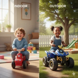 Comparison illustration showing different ride-on toys for toddlers suitable for living rooms versus playgrounds.