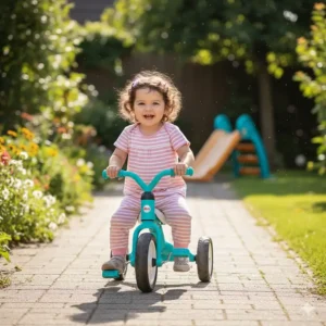 A 1-year-old girl using a versatile indoor-outdoor tricycle on a paved garden path.