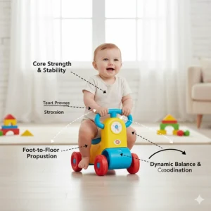 Illustration of an infant using a foot-to-floor ride-on toy to improve balance and coordination.