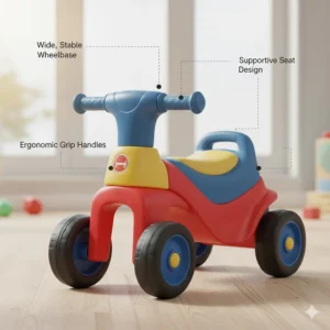 Illustration showing safety features of infant ride-on toys including wide wheelbases and sturdy handles.