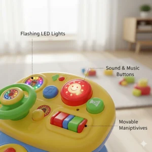 Close-up illustration of an interactive dashboard on an infant ride-on toy with buttons, lights, and sounds.