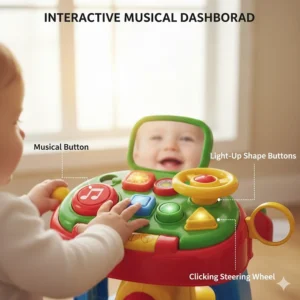 Close-up illustration of an interactive musical dashboard on a push ride-on toy for 12-month-olds.