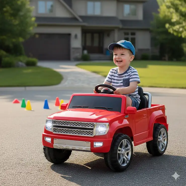 A young child driving a red 12v ride on truck on a paved driveway during the day. 12v ride on toys