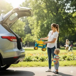 A parent easily lifting a lightweight, foldable ride-on toy for transport to a park.