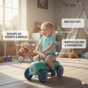 Graphic illustrating how ride-on toys for 1 year old boys help develop leg strength and coordination.