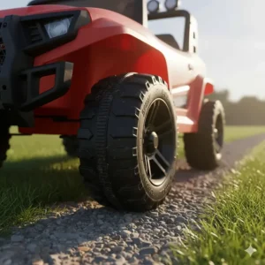 Durable traction tires on a 12 volt 2 seater ride on toy designed for grass and gravel.