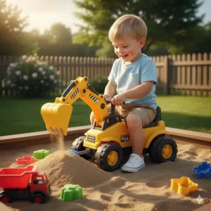 Bright yellow toy construction excavator ride-on for a 1 year old boy playing in a sandbox.