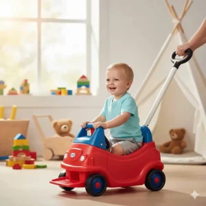 Toddler push car with a long handle for parents and a safety floorboard for 1 year olds.