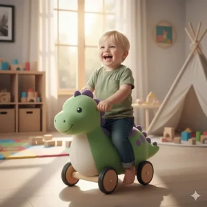 Soft plush dinosaur-themed ride-on toy with sturdy wheels for a 1 year old boy's playroom.
