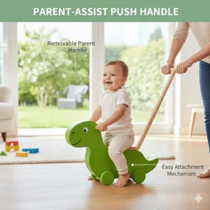 Illustration of a ride-on toy for 1 year olds featuring a removable parent-assist push handle.