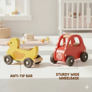 Illustration showing safety features of push ride-on toys for 1 year olds, including sturdy wheelbases and anti-tip bars.