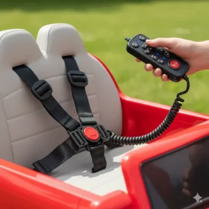 Close-up illustration of a 5-point safety harness and parent remote control for a 1-year-old's ride-on toy.