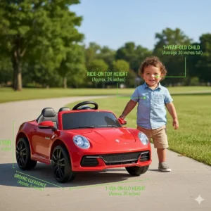 Size guide comparing a standard ride-on car to the average height of a 1-year-old child.