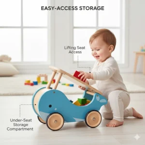 Illustration of a toddler push ride-on toy featuring a secret under-seat storage compartment for blocks.