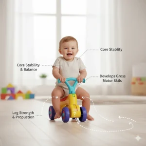Infographic demonstrating how infant ride-on toys help develop gross motor skills and leg strength.