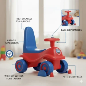 Illustration showing safety features of ride-on toys for 1 year olds including high backrests and anti-tip guards.