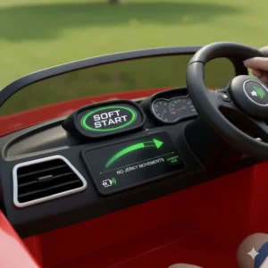 Illustration explaining soft-start technology that prevents jerky movements in ride-on toys for 1-year-olds.