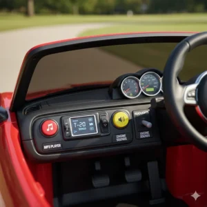 Illustration of the interactive dashboard including MP3 player, horn, and lights for a baby ride-on car.