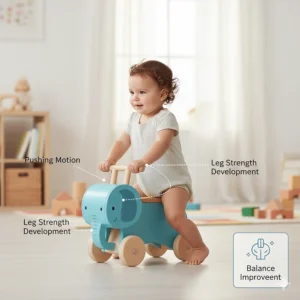 Diagram illustrating how a push ride-on toy helps a 1-year-old develop gross motor skills and balance.