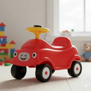 A red plastic foot-to-floor ride-on car for toddlers with a working horn and steering wheel.