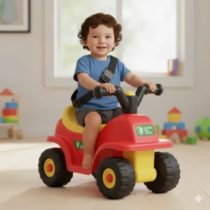 Illustration showing safety features of ride-on toys for toddlers, including seat belts and sturdy handles.