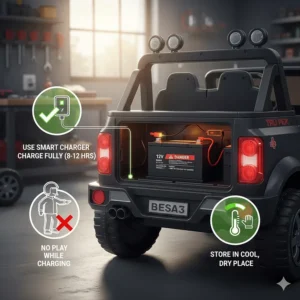 Diagram showing safety features and battery maintenance for 12V ride on truck toys.