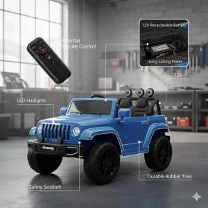 Diagram showing 12v ride-on toy features like parental remote control and long-lasting battery life.