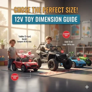 Illustration comparing the sizes of different 12v ride-on toys to help parents choose the right clearance model.