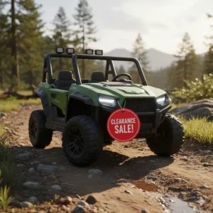 Illustration of a rugged 12v off-road UTV for kids on sale at a clearance price.